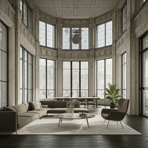 Modern workspace interior with high ceilings and minimalist furniture, soft daylight, premium office vibe